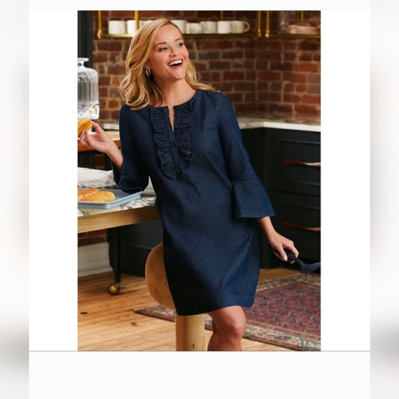 Draper James Chambray Ruffle Shift Dress Modest Classic - Picture 3 of 6